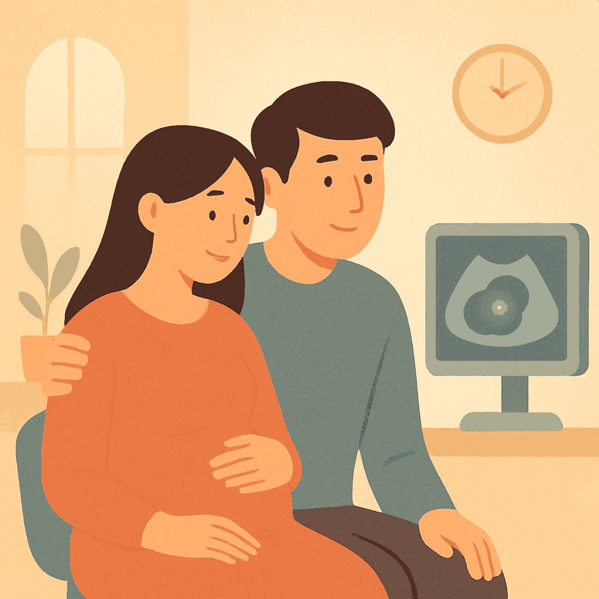 진료실에서 초음파 모니터에 뜬 작은 아기집을 함께 바라보는 임신 초기 부부 - 베이비빌리 가이드