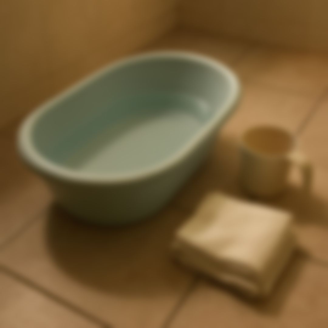 따뜻한 물을 받아둔 아기 욕조와 헹굼컵, 거즈 수건