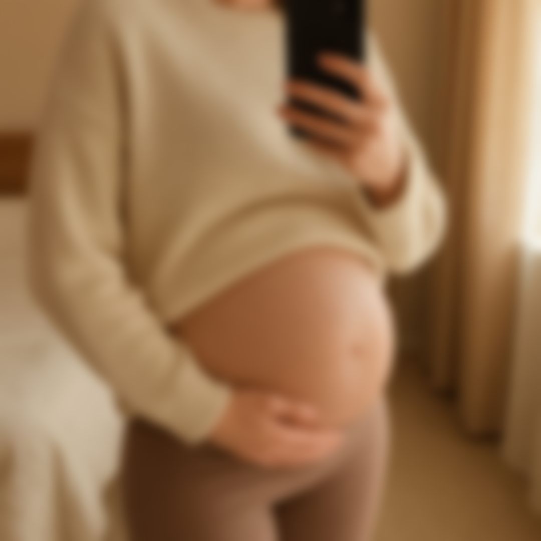 한 손으로 배를 받친 임신 후기 거울 셀카, 얼굴은 나오지 않은 사진