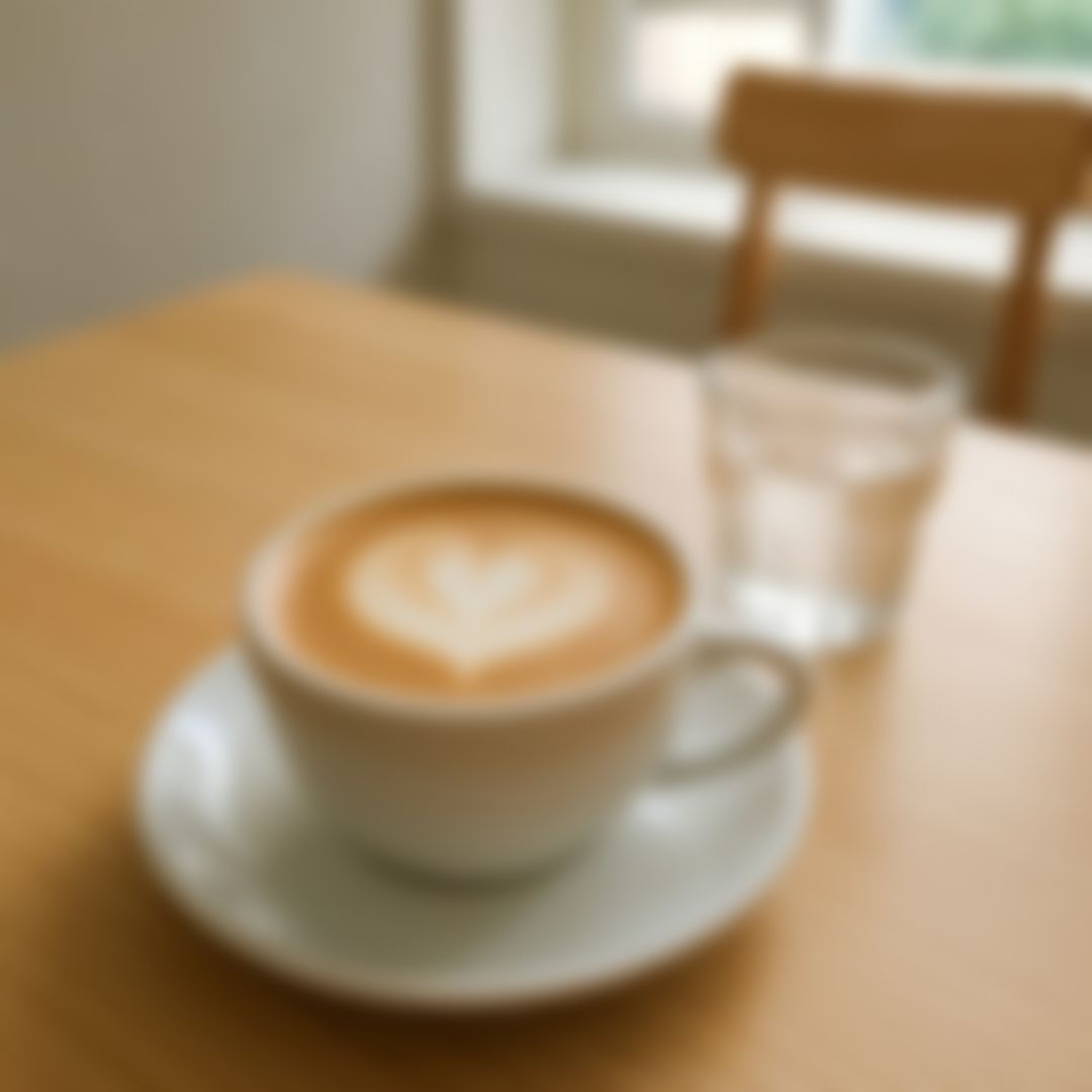 카페 테이블 위 디카페인 라떼 한 잔과 물 한 컵