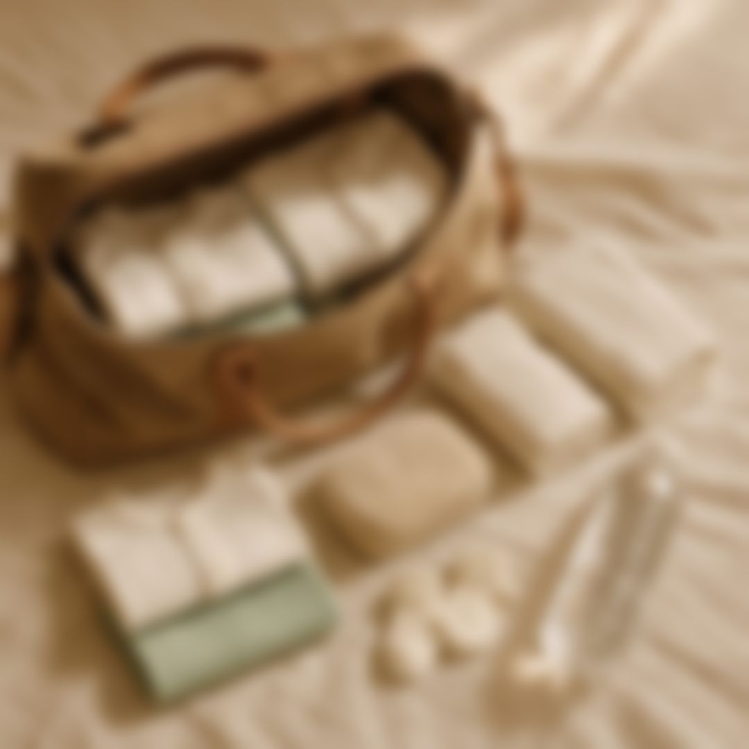 침대 위에 펼쳐 놓은 출산가방과 신생아 옷, 속싸개, 세면 파우치