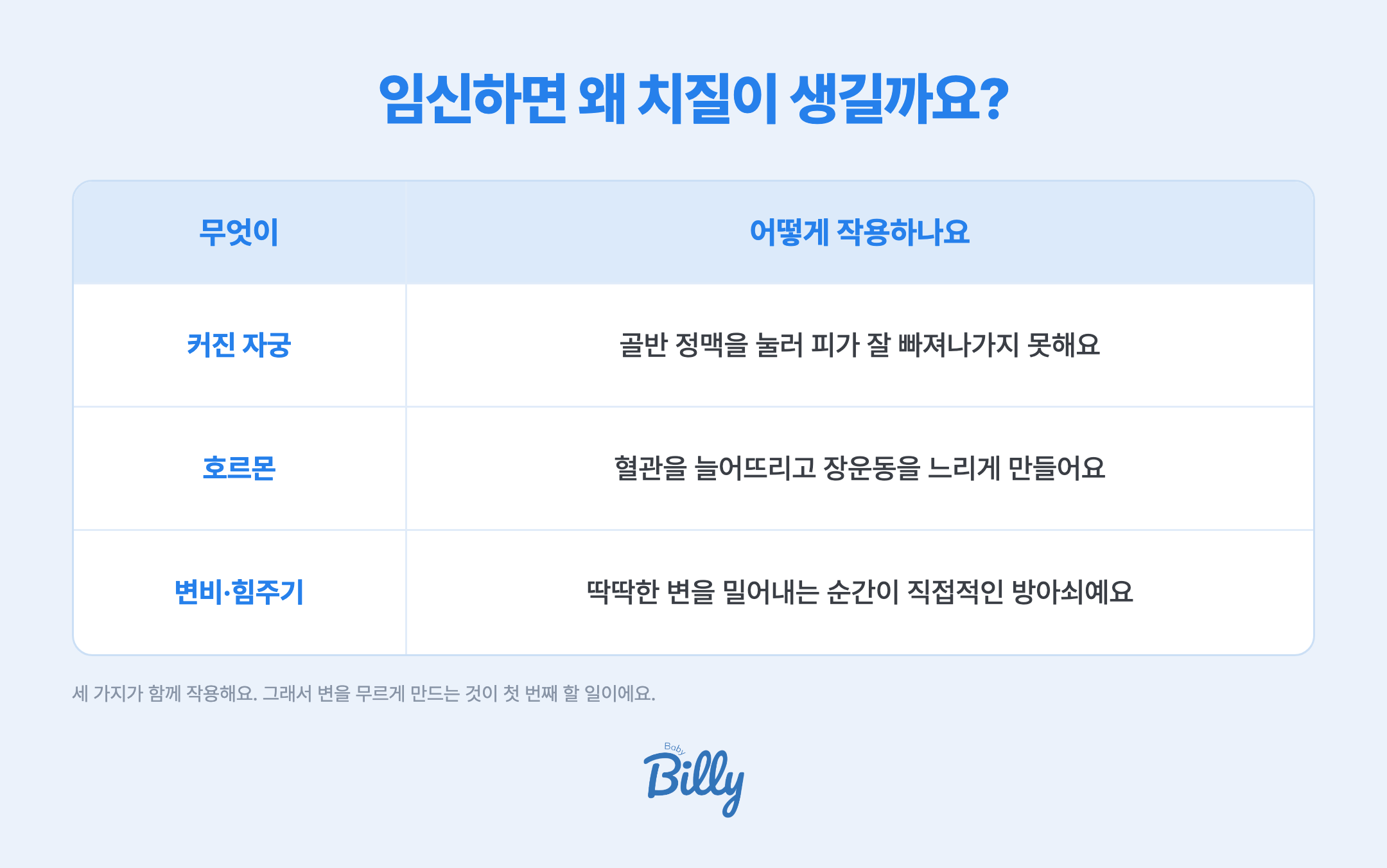 임신 중 치질이 생기는 원인 세 가지 — 커진 자궁이 골반 정맥을 눌러 피가 잘 빠져나가지 못하고, 호르몬이 혈관을 늘어뜨리고 장운동을 느리게 하며, 변비로 힘을 주는 것이 직접적인 방아쇠